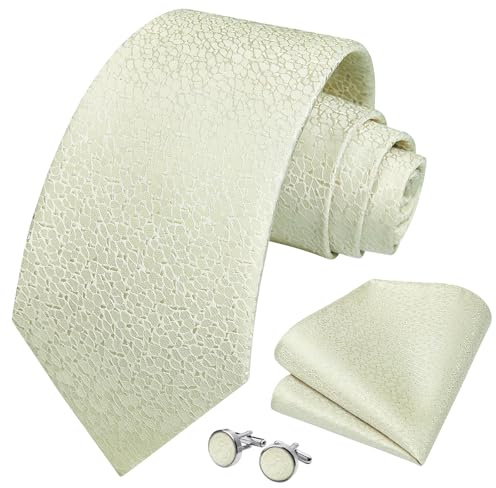 HISDERN Hommes Champagne Cravate Mariage Soie Tressée Cravate Poche Carré Boutons de Manchette Set