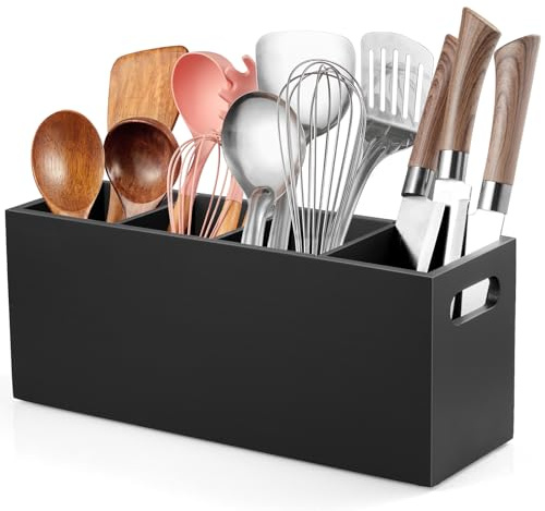 ALELION Large Utensil Holder with Removable Divider - 4 Compartment Wooden Utensil Caddy Organizer for Kitchen Counter - Black Cooking Utensil Crock for Countertop