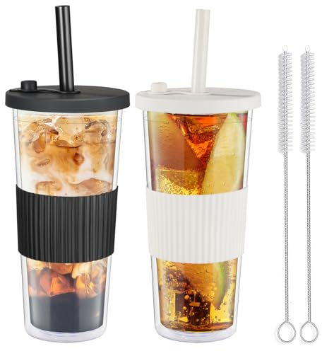 2 Pack Reusable Bubble Tea Cups, 750ml/24oz Travel Water Tumbler with Straw & Lid, Leakproof Clear Plastic Mug Cup, Double Wall Smoothie Tumbler with Wide Straw for Bubble Tea, Milkshake, Iced Coffee