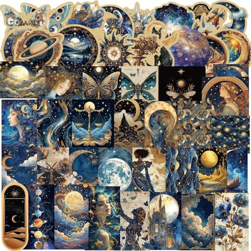 Pigbit Fantasy Graffiti Galaxy Astronomical Artistic Stickers - 50 Pcs Waterproof Vinyl Vintage Space Moon Celestial Decorative Decals for Laptops,Notebooks,Journals,Kindle Case