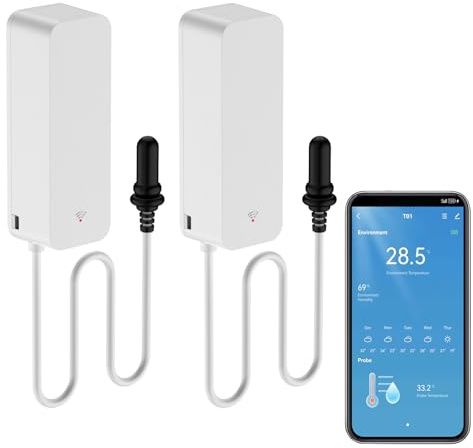 Smart termometer, hygrometer, WiFi-temperatursensor med extern sond, väderfunktionstermometer, fuktmätare för frys, akvarium, applarm, fjärrmonitor, arbeta med Alexa. 2 st
