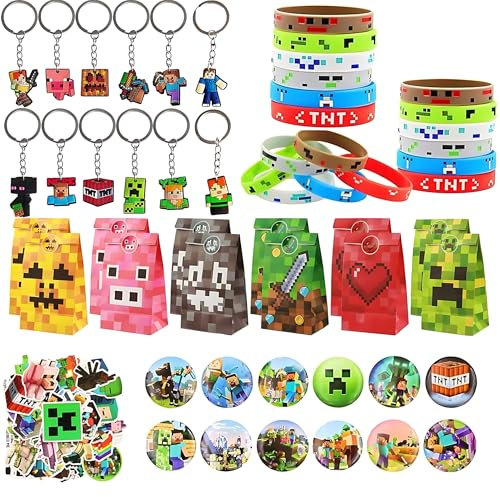 98 Pcs Videogiochi Compleanno Regali Festa,Kit Giochi Feste a Tema, Game Bomboniera Compleanno, Regalo per Feste di Compleanno di Videogiochi,Borsa Compleanno,Badge,Adesivi, Portachiavi,Braccialetti,