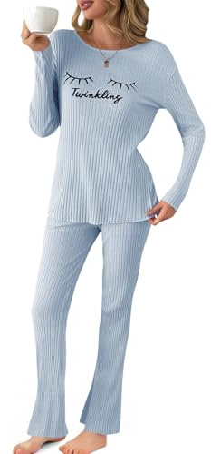 Fisoew Pijama largo para mujer, conjunto de pijama acanalado, estampado de pestañas, parte superior, pantalones de dos piezas, ropa de dormir de invierno, azul, M