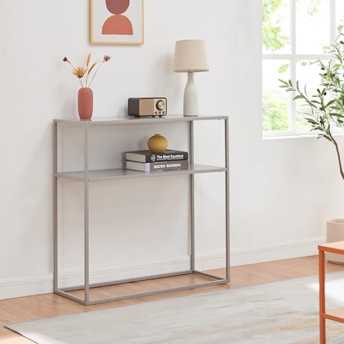 [en.casa] Tavolo a Consolle in Metallo Mobile da Ingresso Corridoio 80 x 80 x 30 cm Consolle Stretto con 2 Piani di Appoggio - Grigio Chiaro