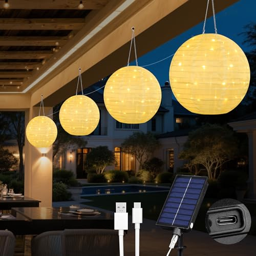 Tacobey Guirnalda de luces solares para exteriores, recargable por USB, 4 unidades, 30 cm, resistente al agua, nailon, 4,5 m, 120 ledes, lámpara decorativa para jardín, patio, terraza, decoración de