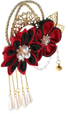 Accessoire Cheveux Chinois Fleuri à Pompon, Style Rétro Hanfu pour Femme | Métal, Tissu et Cristaux, Tenue Sûre et Usage Simple, pour Tenue Traditionnelle et Événements Festifs