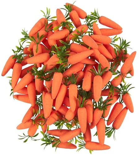 Juvale Mini Faux Carrots with Long Greens - 100 Pack, 2.6 in, Orange & Green Foam & Plastic - Vegetable Centerpieces & Craft Props - Foam Carrots for Crafts