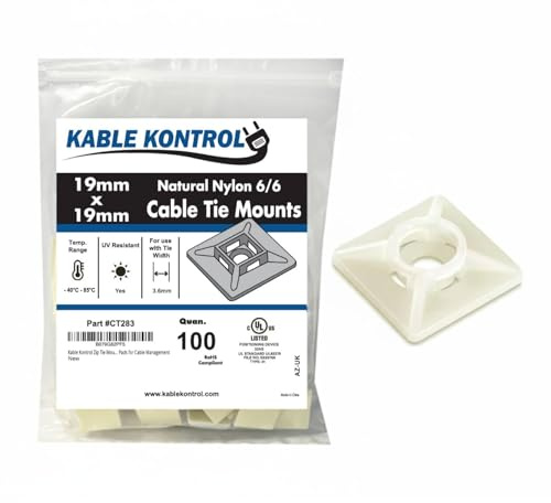 Kable Kontrol Zip Tie Mounts, 3/4” Sq, Natural White, 100 Pcs, Adhesive Backed Multi-Purpose Mounting Squares Nylon Cable Tie Wrap Anchor Pads for Cable Management