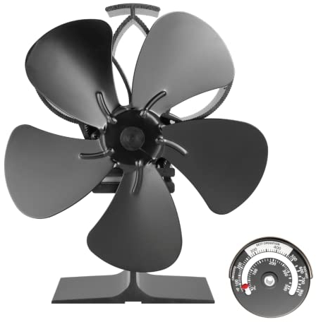 gohantee Kamin Ventilator Stromlos, 5 Flügel Ofenventilator, Wärmebetriebener Ventilator mit Thermometer, Ventilator für Kaminofen, Hitzebetrieben Geräuscharm Kamin Lüfter für Kamin & Ofen