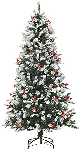 HOMCOM Árbol de Navidad Artificial 180 cm con 678 Ramas 53 Piñas y 53 Bayas Hojas de Plástico PE Base de Soporte Plegable Metálica Decoración Navideña para Interiores Verde