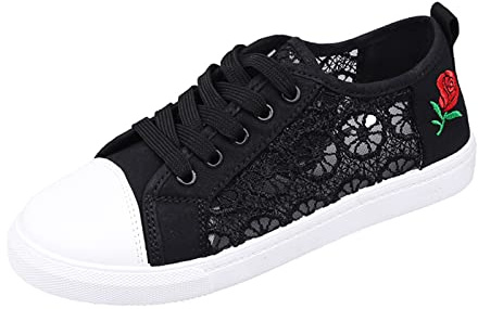 Womens Shoes Low Top Lace Up Canvas Sneakers Casual Fashion Floral Lace Breathable Shoes Black 6