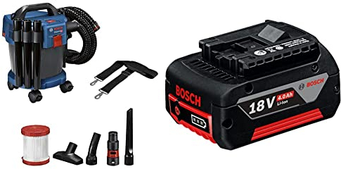 Bosch Professional 18V System aspirateur eau et poussière sans-fil GAS 18V-10 L (sans batterie ni chargeur, avec flexible de 1.6m, set de 3 tubes) & GBA Batterie Lithium-Ion CoolPack 18 V 4,0 Ah, Noir