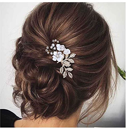 Cimenexe Pettine Per Capelli Fiore Di Cristallo Bohemien Fiore Bianco Fermaglio Per Capelli Foglia D'oro Copricapo Vintage Perla Copricapo Accessori Per Capelli Gioielli Per Donne E Ragazze Regali