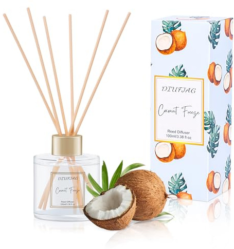 100ml Scent Diffuser with 6 Fiber Sticks, 3.5 oz Reed Diffuser Set Aromatherapy Fragrance Diffusers Air Fresheners for Home Bedroom Bathroom (Coconut)