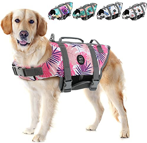 EMUST Dog Life Jacket, Lightweight Dog Life Vests with Rescue Handle for Small Medium and Large Dogs, Pet Safety Swimsuit Preserver for Swimming Pool Beach Boating, 2XL, PinkLeaf