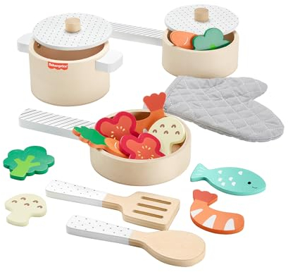 Fisher-Price Set de Cocina de Madera, Juguete de imitación con 19 Piezas Fabricadas con Material Certificado FSC, Juego Inspirado en Montessori, +3 años (HXT83)