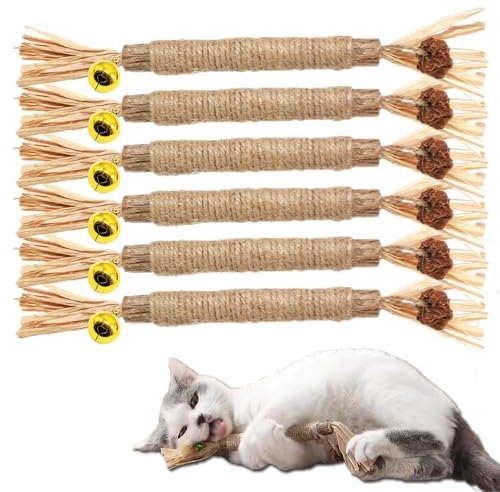ZDQC 6 Stück Knabberstangen Katze,Matatabi Kaustangen,Katzen Sticks zur Zahnreinigung,Katzenminze Sticks für Katzen,Katzen Zahnpflege Spielzeug,Katzenminze Spielzeug mit Glocke