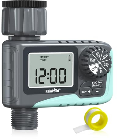 RAINPOINT Bewässerungscomputer, Aufgerüsteter Wasserzeitschaltuhr mit Regenverzögerung/Manueller Bewässerung, Hoher Wasserfluss, Automatische Bewässerung für Rasen und Garten
