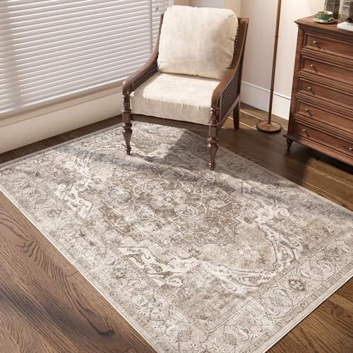 TOPICK Area Teppich 120x180cm Braun Wohnzimmerteppich Vintage Multi Blumendruck rutschfest Dünner Waschbar Teppich Bodenbelag Faltbar für Innenbereich Büro Schlafzimmer Küche