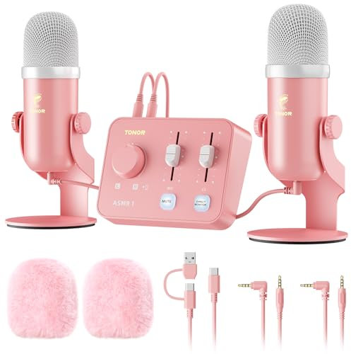 TONOR Ensemble D'équipements Micro ASMR, Microphone à Double Condensateur avec Interface Audio, Audio 3D Immersif, Son Clair, Contrôle du Volume, Kit pour ASMR, Podcast, Enregistrement, Rose