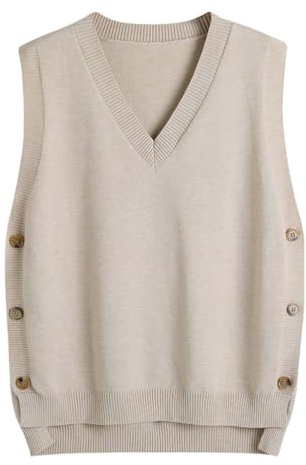 Minetom Pull sans Manche Femme Gilet en Tricot Automne Hiver Débardeurs Chandail Bureau Pullover Couleur Unie Boutons Tops Hauts A Beige M