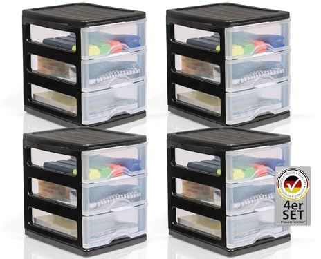 Hausfelder Schubladenbox A6 Transparent, 4er Set Aufbewahrungsturm mit Schubladen, Stapelbar Sortierbox Kunststoff für Büro Schreibtisch Organizer