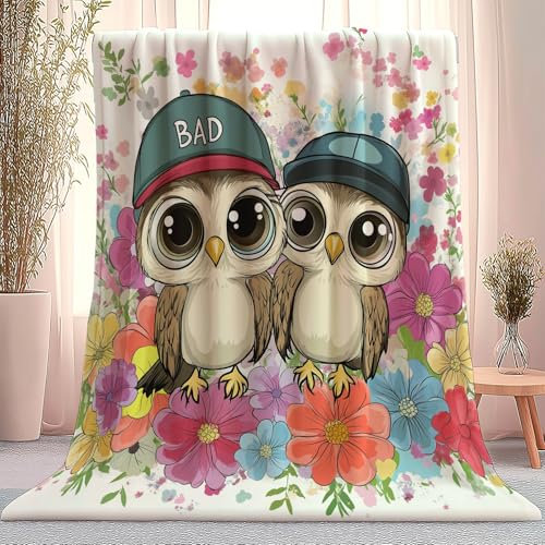 Kuscheldecke 220 x 240 cm Flanell Wolle Decke für Sofa und Bett Süß Blumen Eule Weich Gemütliche Decke für Damen Herren Kinder Baby Weiß Bedruckte Decken