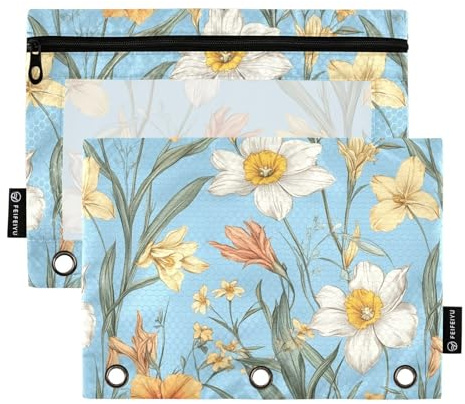 Autumn Flowers Flower Daffodil Gladiolus Blue Binder Pocket Plastic Pencil Case for 3 Rings Binder Bag with 3 Rings for Children Office Organizer