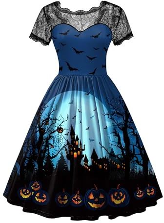 For G and PL Costume d'Halloween pour femme - Col en dentelle - Manches courtes - Robe midi - Robe de cocktail - Longueur genou - S-XXL, Bleu/lune - A, XXL