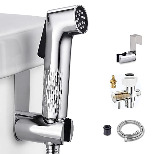 Handheld Bidet Sprayer for Toilet, Pre-Set Water Pressure Control with Solid Brass T-Valve, 47 Inch Stainless Steel Hose, Anti-Clog Nozzle for Personal Hygiene, Cloth Diaper and Bathroom Cleaning