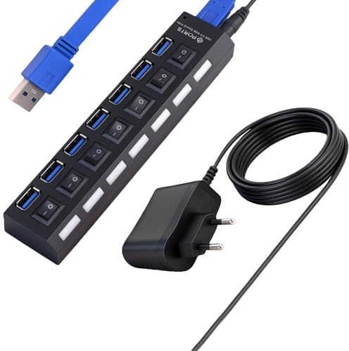 Hub USB 3.0, Alimenté 7 Ports avec Bloc d'alimentation 5V/1A, Multiport USB Et Lumière LED avec Interrupteurs Individuels et Port de Charge Intelligente 2.4A pour PC, Mac, Disque Dur