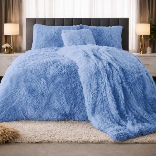 PARADISE STAR Teddy Bear Cuddles Fleece Duvet Cover Set – Alaska Luxury Faux Fur Bedding with Matching Pillowcases, Super Soft Warm Plush Winter Quilt Cover Bed (Denim Blue, Single)