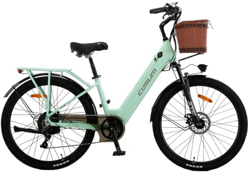 cysum X-City Vélo Électrique Homme Femme, 26 vélo électrique Urbain avec 48V 10.4Ah Batterie Amovible, Vélo de Ville électrique 250W, 7 Vitesses, City E-Bike pour Adulte, Step-Thru (26'' Vert)