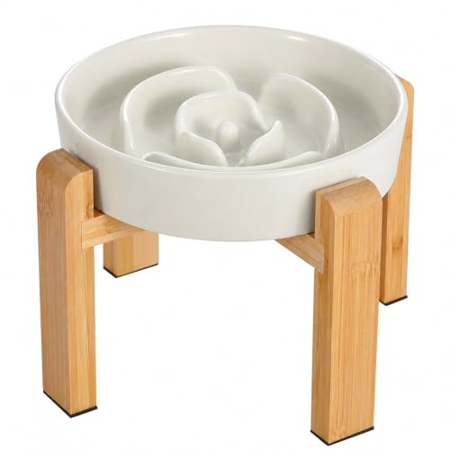 Elevated Slow Feeder Dog Bowl Large Breed, 8.4 Inch Ceramic Slow Eating Bowl with Bamboo Stand, Anti-Choking Raised Maze Design for Medium to Large Dogs, 3.2 Cup, Milky White