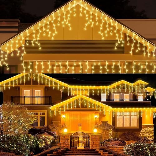 WxiaoD Ghirlanda luminosa per esterni, 4 m, 96 LED, bianco caldo, tende di Natale, ghirlanda luminosa IP44, impermeabile, 8 modalità di ghirlande luminose a LED di Natale, per decorazione del balcone