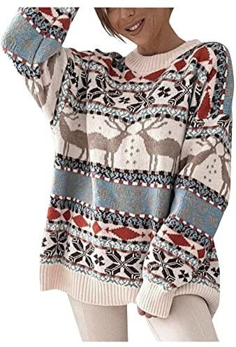 Jersey Navideño Mujer Elegante Suéter de Punto Copos de Nieve de Renos Tops Navidad Jerseys Invierno Cálido Suelto Pullover Manga Larga Casual Christmas Sweater