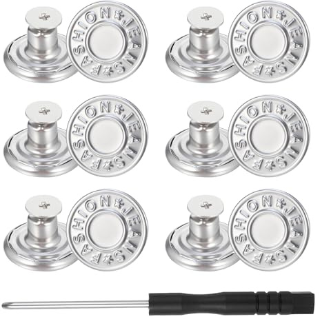 Paquete de 12 botones de repuesto para jeans, 17 mm, sin costuras, botones de metal extraíbles, botón ajustable para jeans, kit de reparación de botones de mezclilla de metal con remaches de rosca y