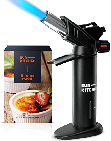 EurKitchen Cannello a Gas Butano da Cucina con Manometro, Blocco di Sicurezza, Fiamma Regolabile - Bruciatore a Gas Ricaricabile per Creme Brûlée Dolci Saldatura Artigianato - Gas Butano non Incluso
