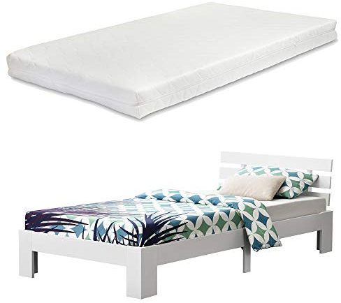 Cadre de Lit Design Nivala à Sommier à Lattes à Matelas à Mousse à Froid Capacité de Charge 150 kg Lit Simple Stylé en Pin et Bois Stratifié 120 x 200 cm Blanc
