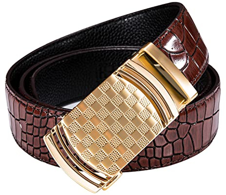 Barry.Wang Mens Ratchet Belt,Genuine Leather Belt Adjustment Gold Plaid Buckle Slide Burgundy Strap Business