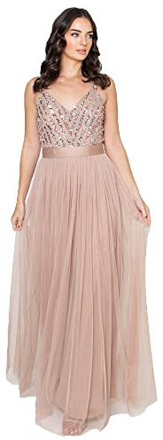 Maya Deluxe Maya Berry Embellished Halter Neck Maxi Dress Robe de Demoiselle d'honneur, Blush taupe, 38