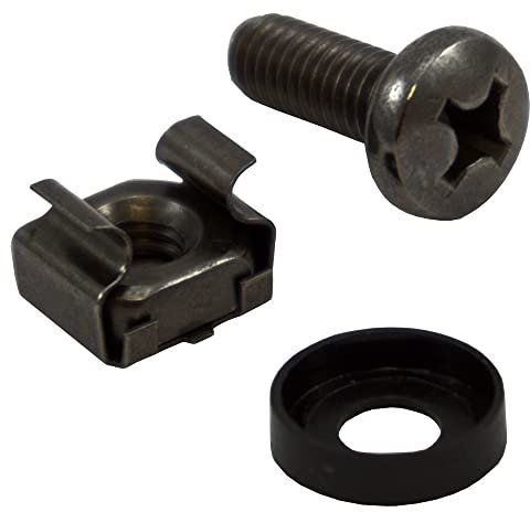 ConnectingU M6 16mm Cage Nuts, Screws and Washers for 10 or 19 Network Server Rack or Cabinet Equipment, Black, Box of 50