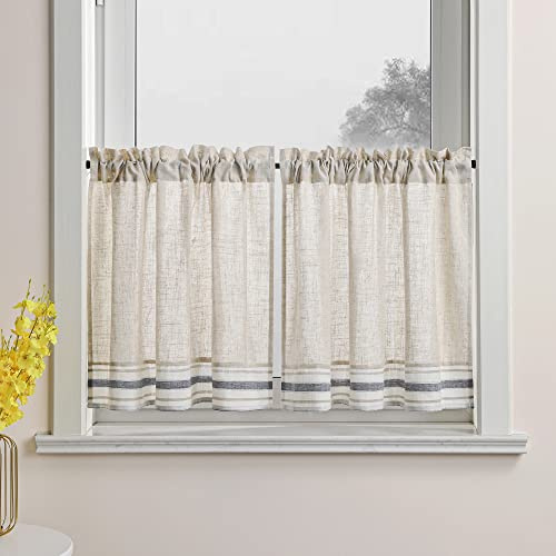 Joyswahl Felix Lot de 2 rideaux brise-bise aspect lin vintage avec motif à rayures Style maison de campagne Café stores courts à rayures beiges et grises 110 x 90 cm