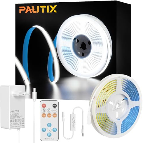 PAUTIX COB LED Streifen kaltesWeiß 6000K,5m 480LEDs/M Dimmbar 24V Flexibel LED Strip lights Set mit RF Fernbedienung und GS Netzteil,CRI93+ Hell Unterbauleuchte für Home DIY Dekoration,Timerfunktion
