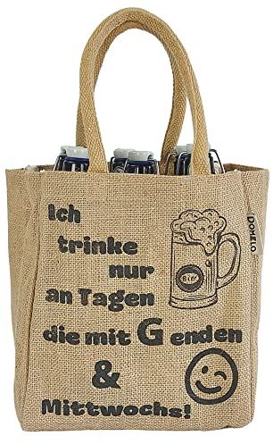 Domelo Jute Flaschentasche. Geschenke für Männer. Bierträger/Flaschenträger mit Trennwänden für 6 Flaschen. kleine Einkaufskorb. Lustige witzige Bier Männerhandtasche (natur/Ich trinke)