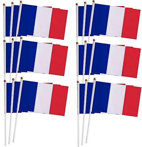 30 Pièces Petit Drapeau Français avec Baton Drapeau Tricolore Bleu Blanc Rouge Tenus à manivelle Fanions pour Fête défilés matchs de football événement sportif Jardin Décoration de bar 21 x 14 cm