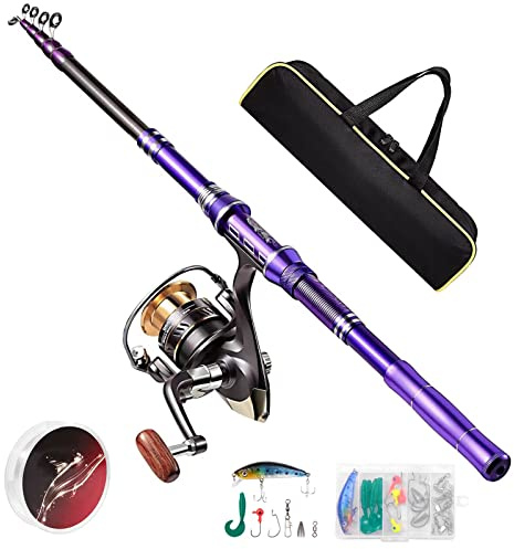 Castaroud Fishing Rod and Reel Combos, Carbon Fiber Telescopic Pole Set with Reel, Fishing Line, Fishing Lures Kit and Carrier Bag for Sea Saltwater Freshwater Fishing Rod Kit