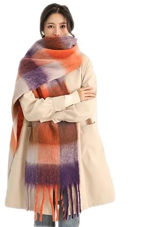 Wambere Damen Schal, Kariert übergroßer Winter SchaltuchKaro Schultertuch Plaid Deckenschal Modeschal Weich Warm Strickschal Oversized Herbstschal Warme Winter Stola mehrfarbig,Orange
