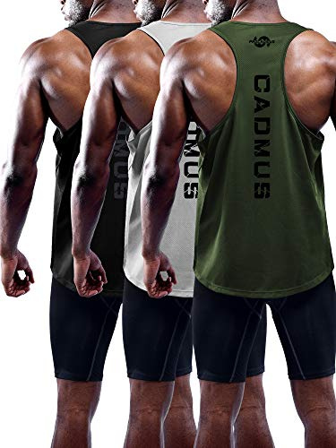 Cadmus Men's 3 Pack Running Muscle Tank Top Dry-Fit Gym Sleeveless Y-Back Shirts Training Fitness Vest,Black,Grey,Olive Green,2XL