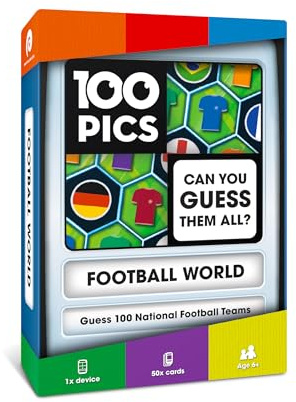 100 PICS Football World Travel Game - Identify 100 National Squads from flags and kits | Flash Cards with Slide Reveal Case | Card Game, Gift, Stocking Filler | Ages 6+